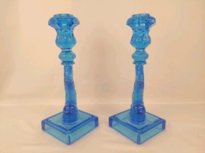 Pair of Metropolitan Museum MMA Sandwich Glass Dolphin Candlesticks Koi Blue - Image 6