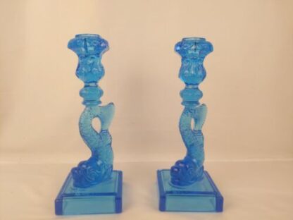 Pair of Metropolitan Museum MMA Sandwich Glass Dolphin Candlesticks Koi Blue - Image 7