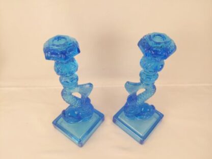 Pair of Metropolitan Museum MMA Sandwich Glass Dolphin Candlesticks Koi Blue - Image 8