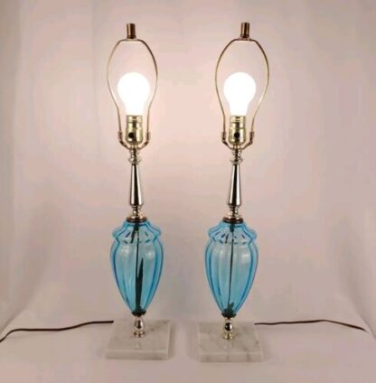 VTG 19" Pair of 2 Mid Century Modern Blue Glass Table Lamps Marble Base Gold