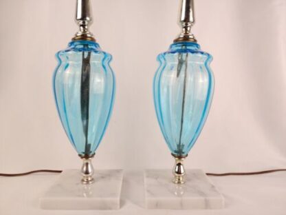 VTG 19" Pair of 2 Mid Century Modern Blue Glass Table Lamps Marble Base Gold - Image 10