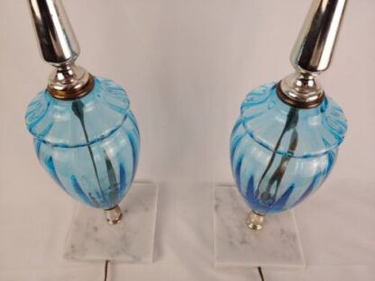 VTG 19" Pair of 2 Mid Century Modern Blue Glass Table Lamps Marble Base Gold - Image 11