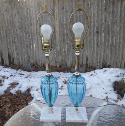 VTG 19" Pair of 2 Mid Century Modern Blue Glass Table Lamps Marble Base Gold - Image 2