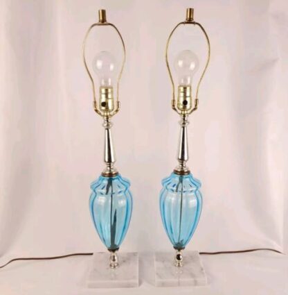 VTG 19" Pair of 2 Mid Century Modern Blue Glass Table Lamps Marble Base Gold - Image 3