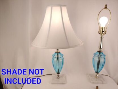 VTG 19" Pair of 2 Mid Century Modern Blue Glass Table Lamps Marble Base Gold - Image 5