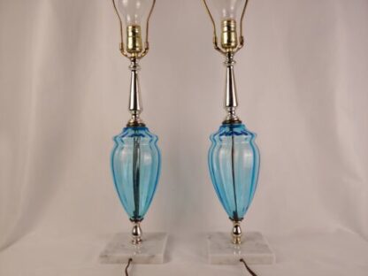 VTG 19" Pair of 2 Mid Century Modern Blue Glass Table Lamps Marble Base Gold - Image 8