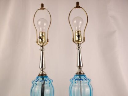 VTG 19" Pair of 2 Mid Century Modern Blue Glass Table Lamps Marble Base Gold - Image 9