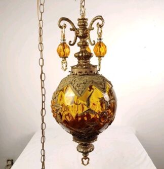 VTG 28" XL Amber Glass Swag Lamp Gold Gemstone Hollywood Regency Falkenstein