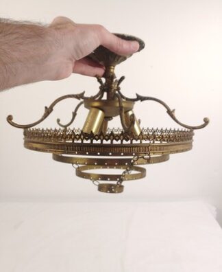 VTG 4-Tiered Brass Hollywood Regency 11" Crystal Chandler Ceiling Light Art Deco