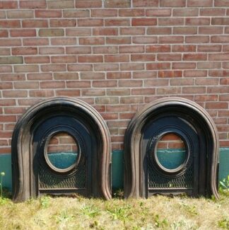 Antique Matching Pair Arched Ornate Cast Iron Fireplace Surrounds + Cover/Insert