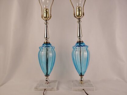 VTG 19" Pair of 2 Mid Century Modern Blue Glass Table Lamps Marble Base Gold - Image 8