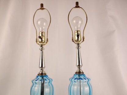 VTG 19" Pair of 2 Mid Century Modern Blue Glass Table Lamps Marble Base Gold - Image 9