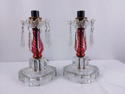 VTG Pair Cut Glass Boudoir Lamps 11" Crystals Clear Red Ornate Carling Bakelite - Image 18