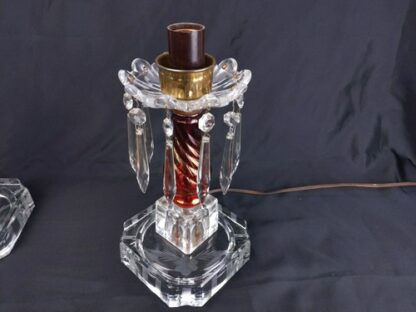 VTG Pair Cut Glass Boudoir Lamps 11" Crystals Clear Red Ornate Carling Bakelite - Image 9