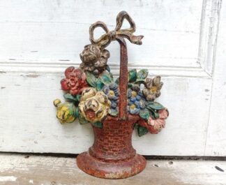 Antique Cast Iron Flower Basket Doorstop With Bow Original Condition Paint