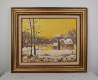 Vintage Oil Painting Winter Cabin Scene Snowy Landscape Rustic Cottage House
