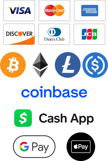 Accepted Payment Methods: Visa, Mastercard, American Express, Discover, Diners Club, JCB, Apple Pay, Google Pay, CashApp, Bitcoin, Ethereum, Litecoin, USDC, Coinbase