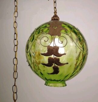 VTG Green Optic Glass Swag Lamp Raised Gold Floral Motif MCM Falkenstein Style