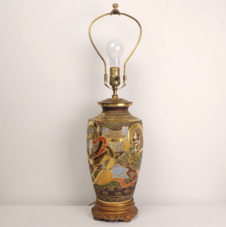 Vintage/Antique 18″ Meiji Period Satsuma Vase Moriage Immortals Table Lamp Gold