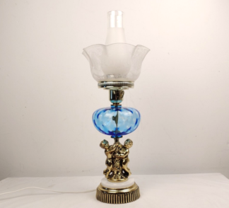 VTG Cherub Parlor Lamp Blue Optic Glass Marble Base Acid Etched Shade Regency